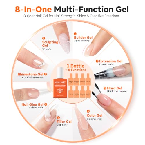 Image of modelones Builder Nail Gel, Clear Builder for Nails, Color Rubber Base Gel Polish U V /LED Cured for Natural Overlay, Apex Building, Short Extension, Self-Leveling Beginner DIY Home Salon Gifts