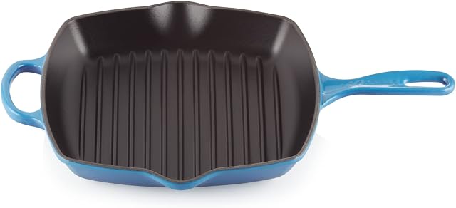 Le Creuset Signature Emaliowana Żeliwna Patelnia Grillowa z Uchwytem Pomocniczym i Dwiema Ustami, do Wszystkich Rodzajów Kuchenek i Piekarników, 26 cm, Azure, 20183262200422