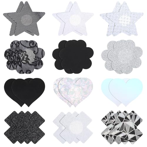 Gjinxi 24PCS Nippelabdeckung Selbstklebend Nipple Patches Nippel Cover Aufkleber Brustaufkleber Kreuz Herz Blume Stern Nippelpads Damen Unsichtbare...