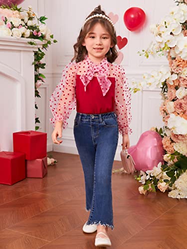 Image of WDIRARA Toddler Girl's Heart Print Sheer Mesh Cute Bow Front Long Sleeve Party Top Blouse