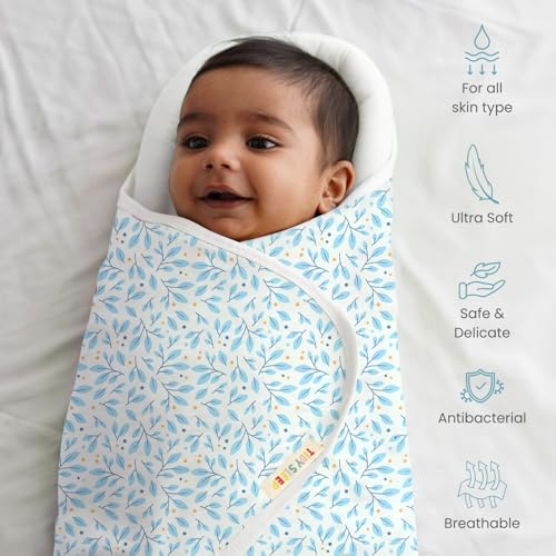 Image of TIDY SLEEP Baby Swaddle Wrappper Adjustable for Newborn || 100% Cotton Soft || Newborn Blanket for 0-3 Months (Blue Leaf)