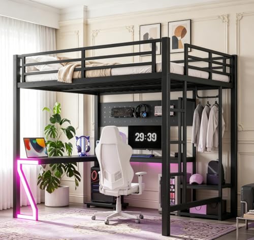 Image of Bellemave Full Size Loft Bed with Desk and USB Ports, Computer Tray, Peg Board LED, Metal Full Loft Bed Frame for Adults, Kids, Teens, Black