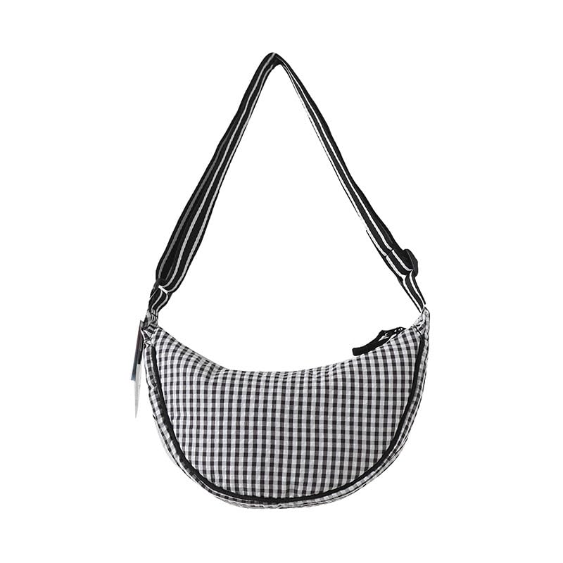 Checkered Crescent Bag Nylon Crossbody Bags for Women - Hobo Shoulder Purse Plaid Lightweight Sling Moon Purse