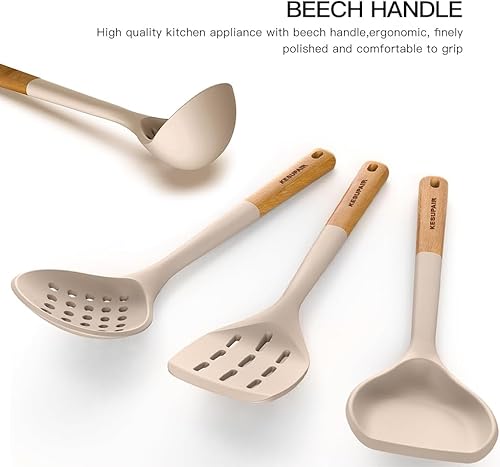 Miniatura 5 de Juego de utensilios de cocina de silicona  Utensilios de cocina de silicona resistentes al calor para cocinar asas de madera, juego de espátulas,