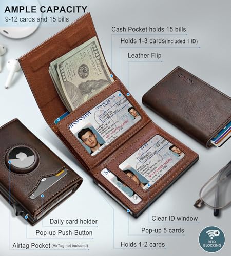 Image of miyozi Airtag Wallet for Men,with Cash Pocket 2 ID Window 9-12 Cards,Metal Case Smart Slim Pop Up Credit Card Holder Flip with Magnetic Closure RFID Blocking Trifold wallet with Gift Box