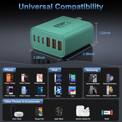 Image of 65W USB C Charger Block,6-Port Multi Device Fast Charger PD QC Wall Adapter | GaN technology saves space and reduces heat,ideal for home,office,travel,wide compatibility for iphone and USBC devices(Green