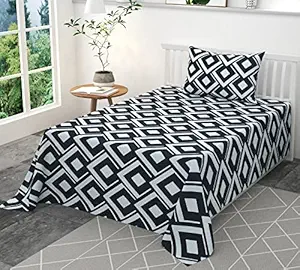 Belvostum Homes Soft 186 TC Cotton 3D Printed Bedsheet for Single Bed with 2 Pillows Covers 90x100 Inches (Black White)