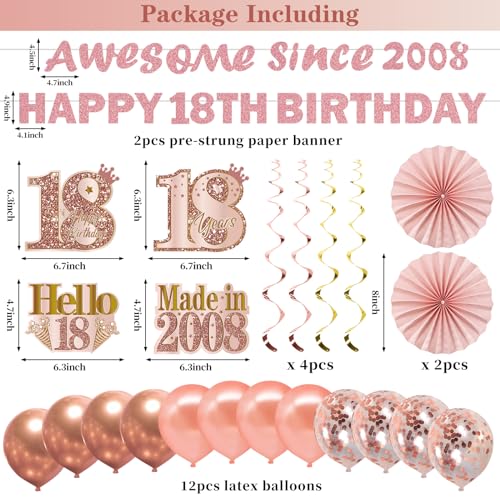 Image of Zirtorei 18th Birthday Decorations Kit for Girls Women, 22pcs Pink Rose Gold Happy 18th Birthday Balloons Banner Party Supplies, Awesome Since 2008 18 Year Bday Crown Sash Hanging Swirls Gifts