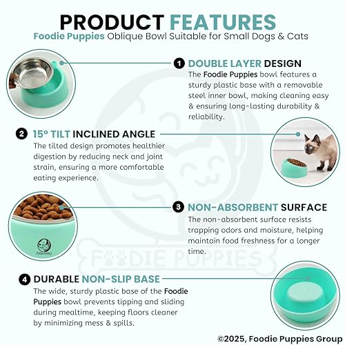 Image of Foodie Puppies Tilted Pet Feeding Bowl for Cats & Small Dogs - 350ml | Raised Oblique Design with Stainless Steel Inner Bowl, Ergonomic Food & Water Bowl | Comfortable Eating Position