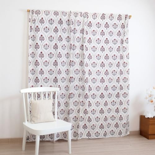 Image of Peepul Tree Pure Cotton Door Curtain in Rust and Maroon Color with Ornate Florals | Set of 2 | 7 ft | Semi Blackout with 70% Light Blocking | Royal Courtyards Collection
