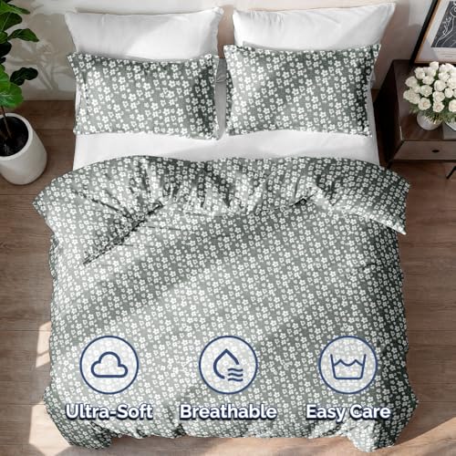 Image of Duvet Cover Full Size - Floral Duvet Cover Set - 3 Piece - Green Meadow | Soft Floral Duvet Cover 80 x 90 with 2 Pillow Shams, Comfy Floral Bedding Set, Hotel Luxury with Zipper Closures & Ties