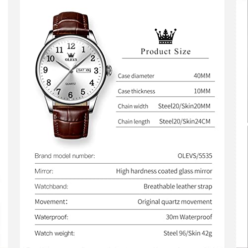 Image of OLEVS Men Watches Dress Waterproof Leather Band Classic Large Face Luxury Watches for Men Casual Fashioned Nice Analog Watch Men Day Date Easy Reader Quartz Original Business Adjustable Watches Men