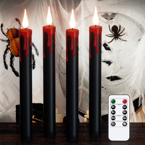 Image of GenSwin Halloween Black Taper Flameless Candles Battery Operated with Remote Timer, 4 Pcs Drip Wax Flameless LED Candle Sticks with 3D Flickering Flame for Window Fireplace Decor (0.78 x 8.9 inches)