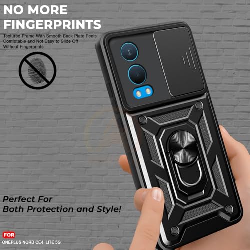 Image of Armor Bumper Back Cover Case for OnePlus Nord CE 4 Lite 5G Rotating Camera Cover, Ring Holder & Kickstand | Heavy Duty & 360 Degree Protection OnePlus Nord CE 4 Lite 5G Back Cover (Black)