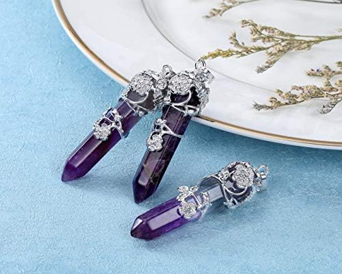 CrystalTears Amethyst Crystal Necklace Flower Wrapped Natural Hexagonal Healing Quartz Crystal Point Gemstone Pendant Necklace Jewelry for Women Mothers Day Gifts for Mum