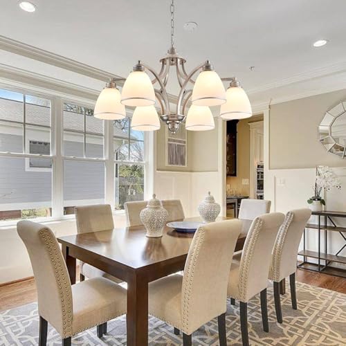 BEIOPBRN 6-Light Brushed Nickel Farmhouse Chandelier for Dining Room with Milk White Frosted Glass Shades Adjustable Max Length 47" Hanging Light Fixtures for Kitchen, Living Room, Foyer, Entry by BEIOPBRN - Image 7