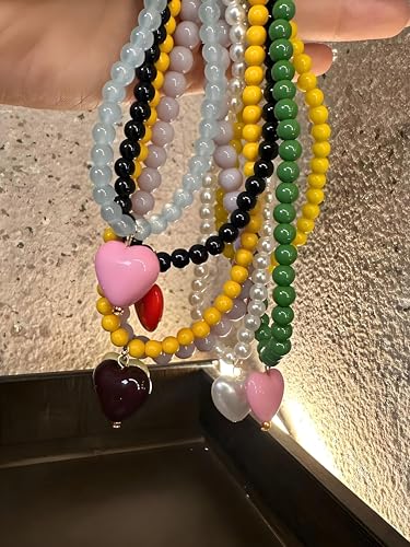 Heart Necklaces For Women, Green Beaded Pink Heart Pendant Choker Necklace Summer Y2K Cute Statement Trendy Dainty Non Tarnish Waterproof Jewelry Gift 6