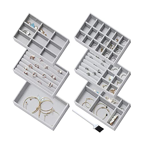 6 Stück Schmucktablett Samt Stapelbar Schmuck aufbewahrung organizer fur Ring ohrringe ketten Schmucktablett für Schublade Grau Cover