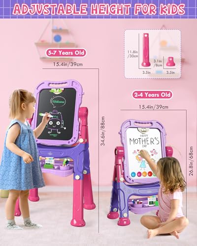 Lehoo Castle KE-001-PR Easel For Kids, 4 In 1 Double Sided Kids Art Easel With Magnetic White Board & Chalk Board, Adjustable Standing Toddler Easel thumb #1