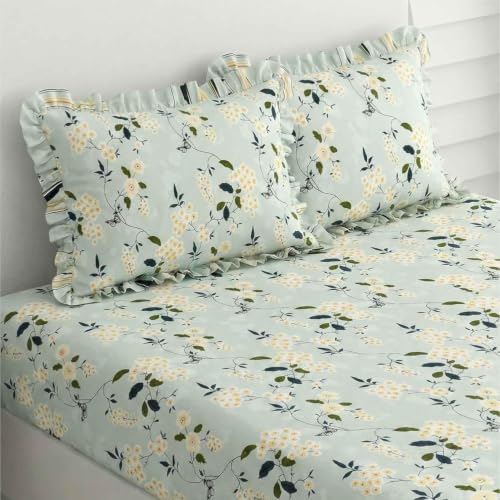 Image of King Size Fitted Bedsheet for Double Bed | 300 TC Cotton Feel Microfiber | All Around Elastic with 2 Frill Pillow Covers | Soft & Durable | (GreenFloralFrill, Fitted - Double72x72)
