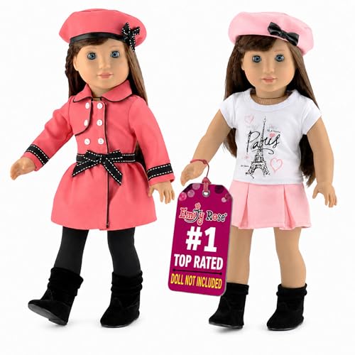 Emily Rose 18 Doll Paris Fashion Bundle - 7-Piece Chic Travel Outfit Set with Coat Beret Hats Graphic Tee & Ankle Boots - Gift Boxed French Style Clothes Compatible with American Girl Dolls