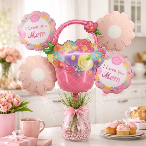 Image of Rozi Decoration Mother's Day Foil Balloon Set Pack of 5 - Floral Basket Shape Balloon with I Love You Mom Printed Round Balloons & Flower Shape Balloons for Party Decoration