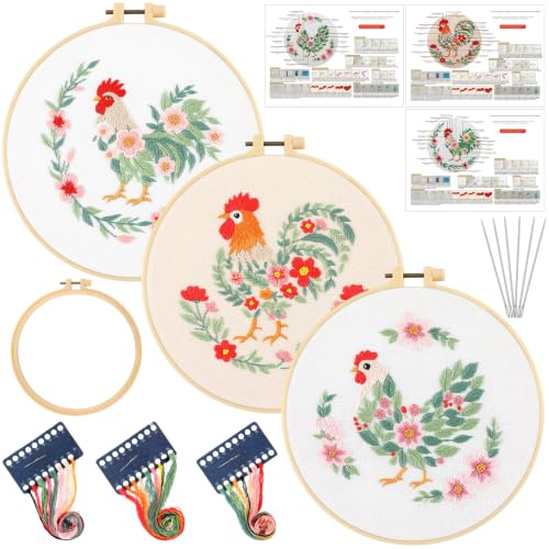 Image of Mindsoft 3 Set Needlepoint Kit for Beginners with Hoop,Flower Rooster | Bamboo Hoop Thread Needles Instructions, Easy Hand Embroidery for Beginners Home Crafts,Pre-stamped Funny Cute Designs