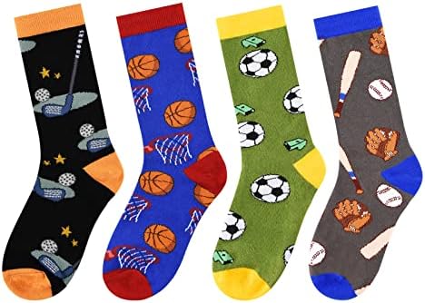 Kids Boys Crazy Crew Socks 4 Pack Novelty Fun Basketball Football Baseball Golf Cozy Cotton Sports Running Socks Gifts for Children Aged 6-10 Years Old