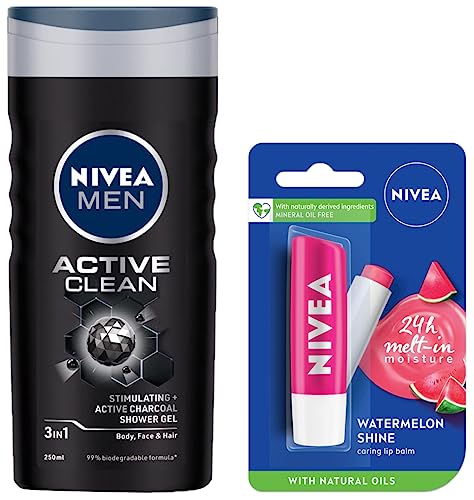 Image of NIVEA Lip Balm, Fruity Watermelon Shine, 4.8g & Nivea Men Body Wash, Active Clean With Active Charcoal, Shower Gel For Body, Face & Hair, 250 ml