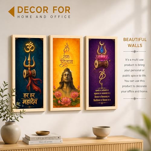 Image of Lord Shiva Framed Wall Art Paintings for Living Room, Set of 3 Mahadev wall art Poster with Trishul & Damru Painting, Indian Religious Vastu for Living Room, Home & Office (Size 24x48)