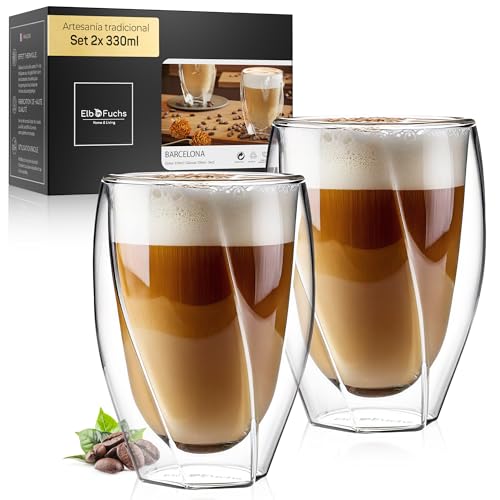 ElbFuchs® Vaso Latte Macchiato de Doble Pared CURVED [2x 330ml] – Aislamiento Térmico Óptimo – Taza para Capuchino, Té – Diseño Elegante de Cristal