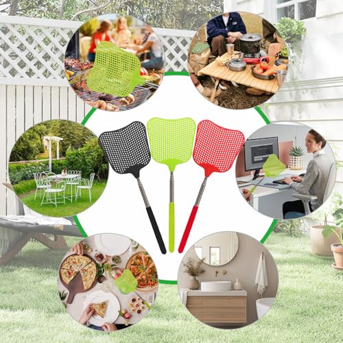 Litoexpe 3 Pack Telescopic Fly Swatter, Plastic Fly Swatter Heavy Duty Set, Manual Flyswatter with Stainless Steel Telescopic Handle for Indoors/Classroom/Office (Style2)
