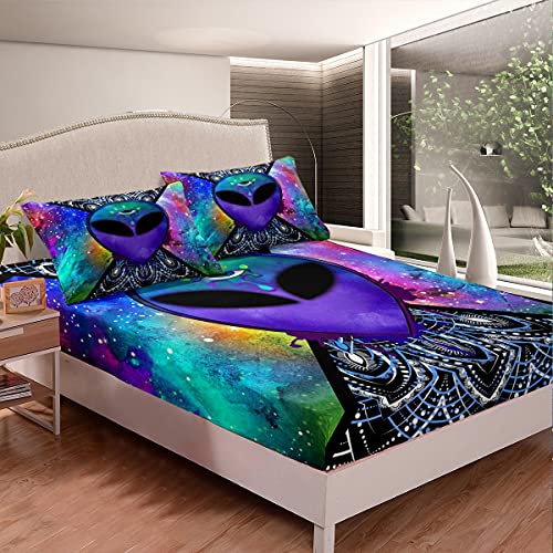 Erosebridal Trippy Alien Fitted Sheet Twin(No Top Sheet), Boho Tie Dye Bed Sheet For Kids Teens Adult Galaxy Outer Space Bedding Set Psychedelic Hippie Skull Fitted Bed Sheets 2 Pcs With 1 Pillow Case #TOP14
