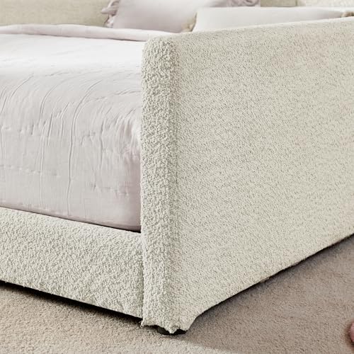 Image of KEIKI Full Size Upholstered Platform Bed Frame with Guardrail, Slats, Beige