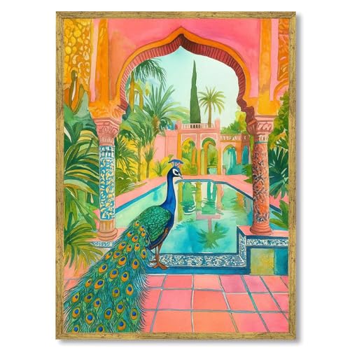 Framed Peacock in Moroccan Garden Poster Canvas Print Boho Rustic