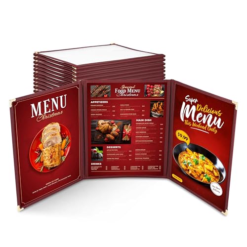 WeChef 30 Pack Restaurant Menu Covers 8.5 x 11 Triple Fold 3 Pages 6 Views Transparent Restaurant Menu Covers Holder Burgundy
