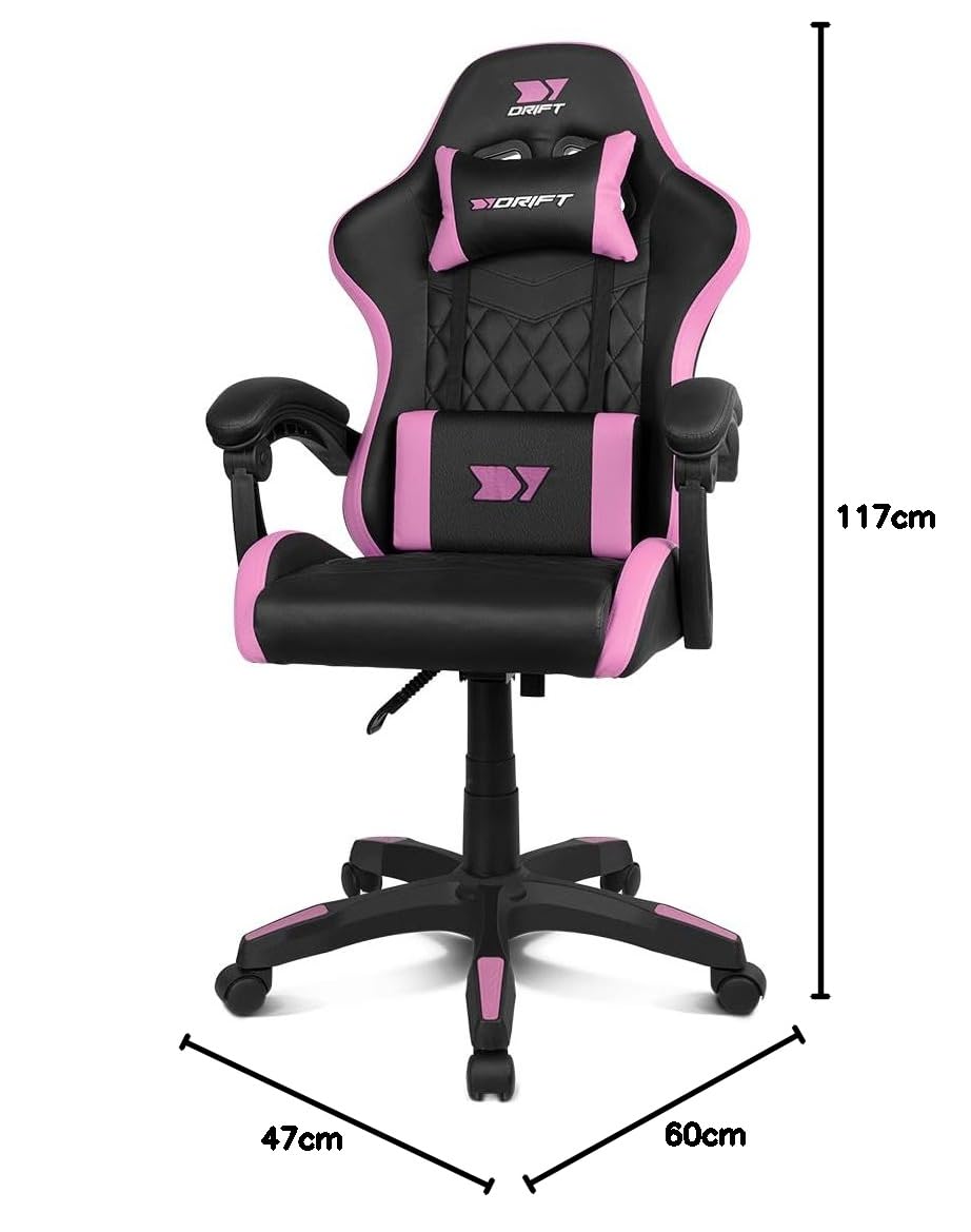 DRIFT GAMING DR35 – Sedia Gaming Ergonomica Professionale con Braccioli 2D Regolabili, Supporto Lombare e Cervicale, Reclinabile a 135°, Rivestimento in Pelle Sintetica, Ruote Silenziose, Nero-Rosa