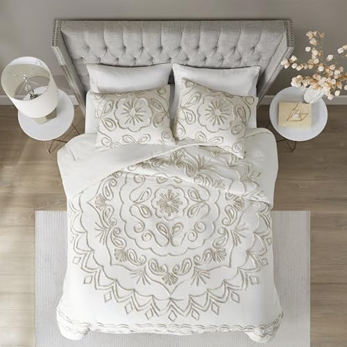 Image of Madison Park Cotton Chenille Tufted Ivory /Taupe Queen Comforter Set, 3pc