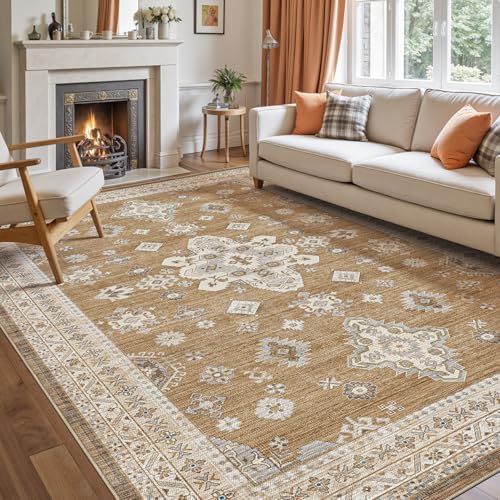 DEXI Alfombra Salon 152 x 244 cm, Alfombras Dormitorio Pelo Corto Lavable, Suave y Cómoda, Vintage Tapetes Decorativas para Sala de Estar, Habitación, Comedor, Marrón Claro