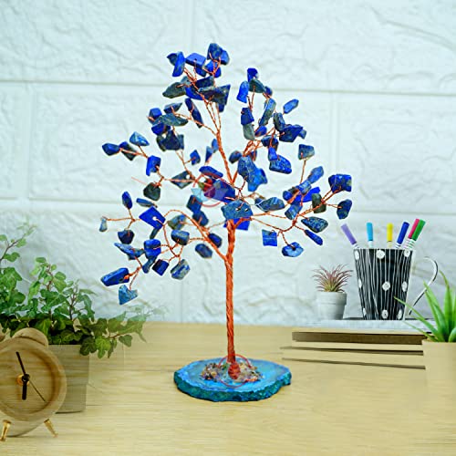 Image of REMEDYWALA Charged Lapis Lazuli Crystal Tree with Agate Slice Base for Reiki Healing 100 Beads