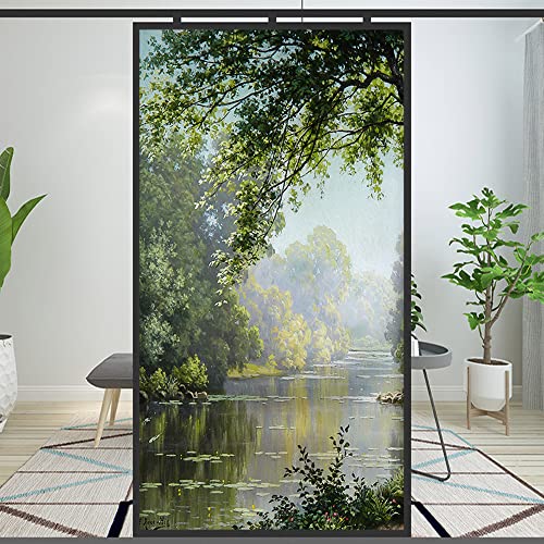 Window Film Privacy Decortive Forest Creek Landscape Oil Painting Static Cling Window Stickers No Glue Window Coverings Window Tint (A,69x160cm(27x63))