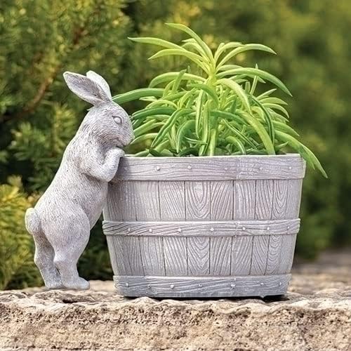 Roman 7.5-Inch Bunny and Bucket Garden Planter – Adorable Resin Outdoor Pot, Whimsical Rabbit Yard Decor for Garden, Patio, Porch, or Balcony Landscaping