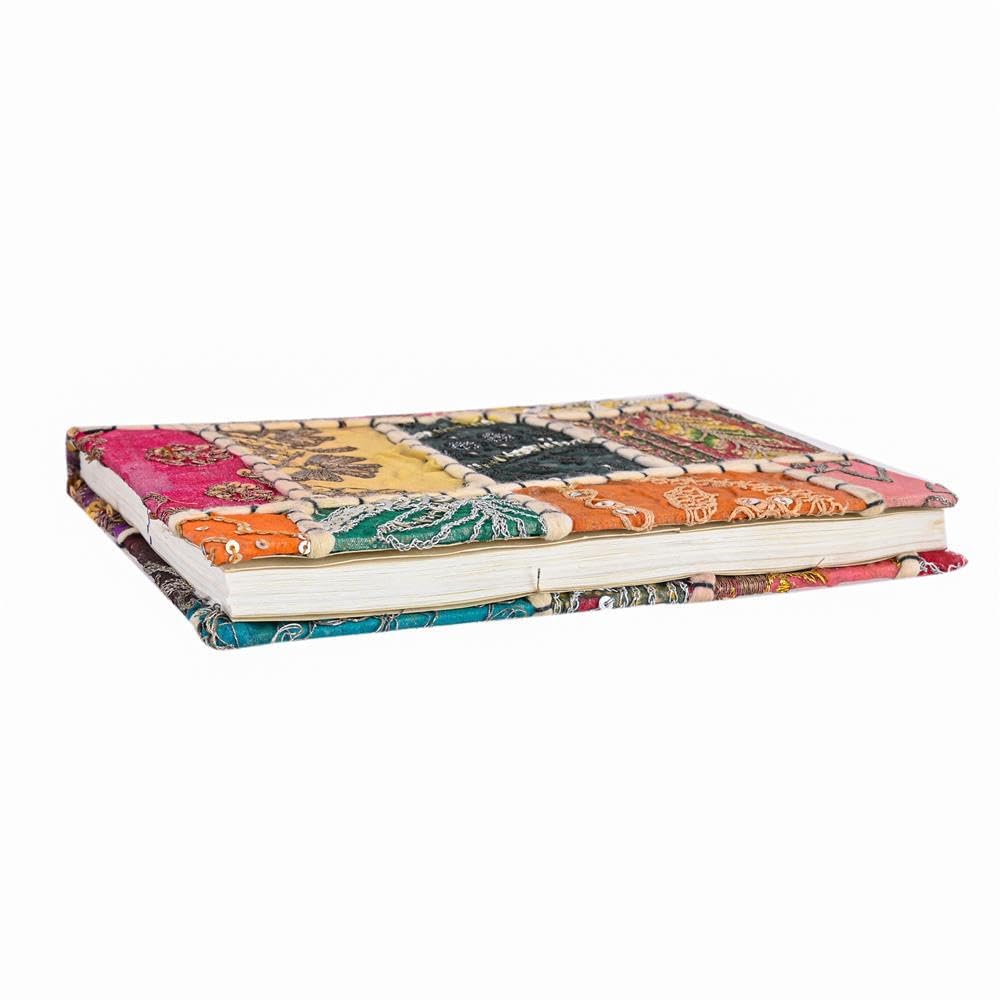 Arts & Crafts Ręcznie robiony papierowy dziennik w stylu vintage, boho, patchworkowa okładka, haftowany notatnik z cekinami i jari, pamiętnik, wyjątkowy prezent dla pisarzy i podróżników