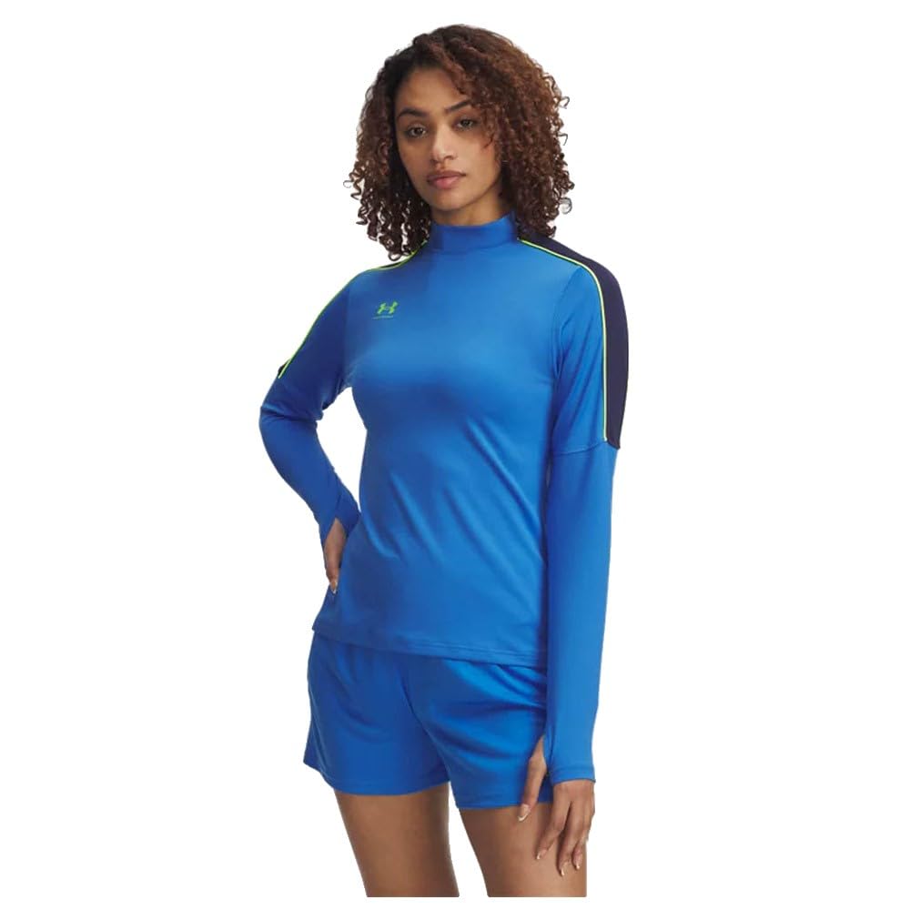 Under Armour Women's Challenger Midlayer, Soft and Comfortable Long-Sleeved Top with Thumbholes, Women's Sports Top Layer for Training and Workouts,Blue Atlantis / / High Vis Yellow,LG