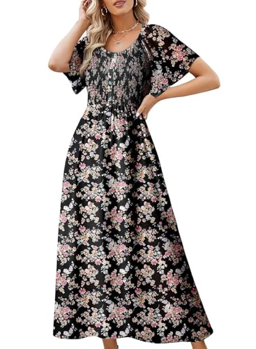 Image of Dokotoo Womens Summer Dresses 2025 Boho Floral Short Sleeve V Neck Smocked Waist Casual A-Line Swing Maxi Dress Sundress with Pocket Black Large