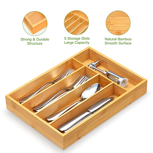 Bamboo Kitchen Drawer Organizer Wooden Silverware Utensil Tray Holder with 5 Small Narrow Compartments for Cutlery Spoons Forks Knives Storage Flatware Organizer by FURNINXS (14x10.5x2 inch） - Thumbnail 3