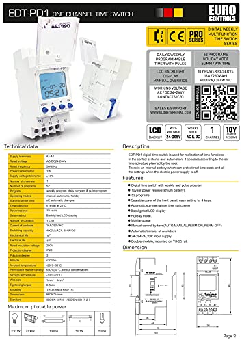 Image of EuroControls Euro EDT-PD1 German Tech - 24 to 265 V AC /DC - LCD Backlit - 50 Programs Daily /Weekly /Pulse /Holiday Modes - Programmable Electronic Timer Switch with Volt Free Output Option