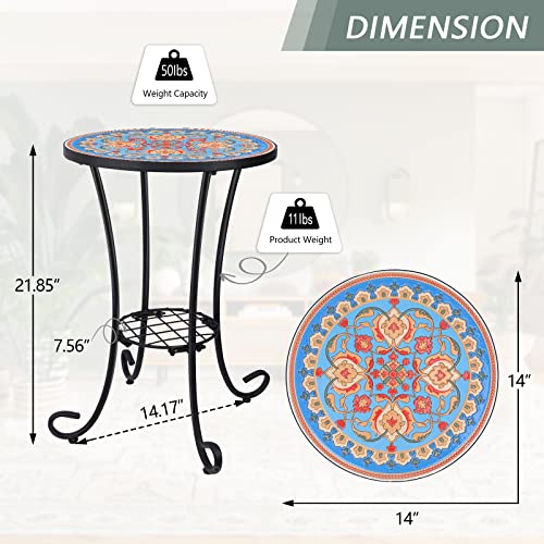 Vcuteka Outdoor Side Table Mosaic Patio Table Accent Table Mosaic Tile Top Metal Frame Small End Table Porch Beach Patio Garden Balcony Blue 14'' #TOP2
