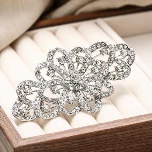 EVER FAITH Austrian Crystal Wedding Party Accessories 3.7 Inch Bridal Flower Ribbon Brooch for Women3