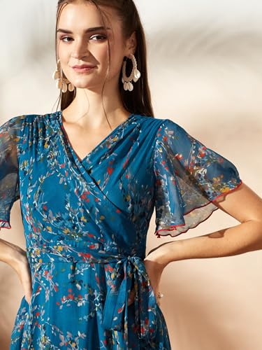 Image of Miss Chase Women's Floral V-Neck Flutter Sleeve Wrap Chiffon Maxi Dress